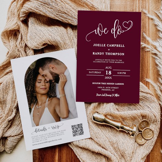 Burgundy We Do Boho Wedding QR Code Arch Foto Einladung