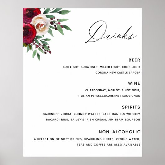 Burgundy Wedding Bar Menu Poster (Vorne)