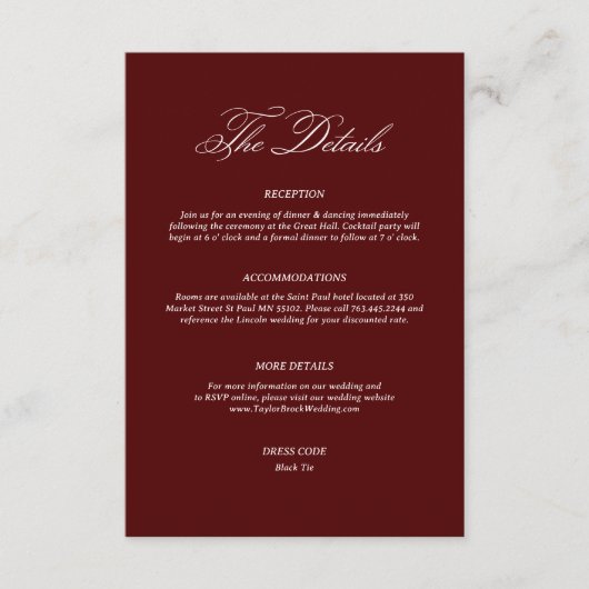 Burgundy Wedding Details Begleitkarte (Vorderseite)