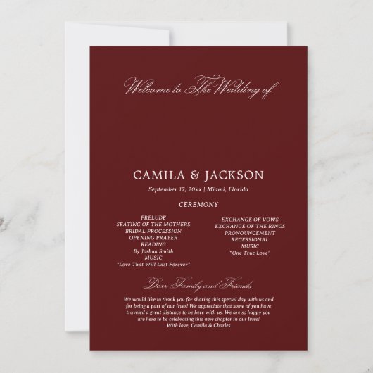  Burgundy Wedding Flat Program Einladung (Vorderseite)