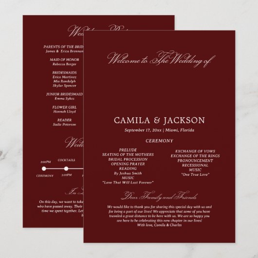  Burgundy Wedding Flat Program Einladung (Vorne/Hinten)