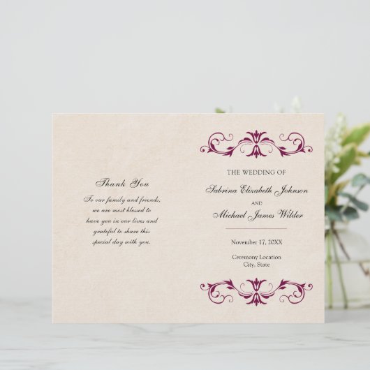 Burgundy Wedding Folding Programm | Tan Hintergrun (Stehend Vorderseite)