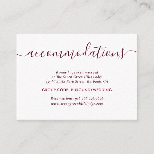Burgundy Wedding Hotel Unterkunftskarten Begleitkarte (Vorderseite)