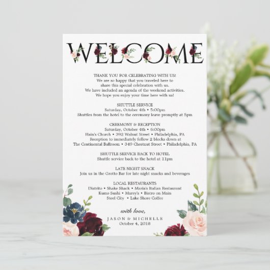 Burgundy Wedding Itinerary - Bachelorette Willkomm Programm (Stehend Vorderseite)