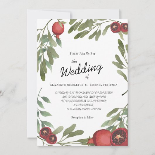 Burgundy Wedding Pomegranates Botanische Blätter Einladung (Vorderseite)