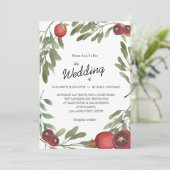 Burgundy Wedding Pomegranates Botanische Blätter Einladung (Stehend Vorderseite)