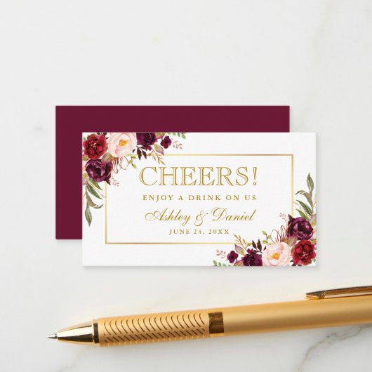 Burgundy Wedding Reception Gold Drink Ticket Card Begleitkarte (Vorderseite/Rückseite Beispiel)