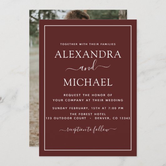 Burgundy Wedding Romantic Foto Einladung (Vorne/Hinten)