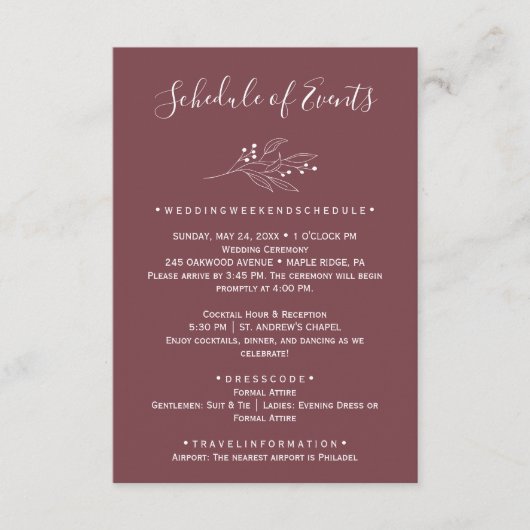 Burgundy Wedding Schedule Card Begleitkarte (Vorderseite)
