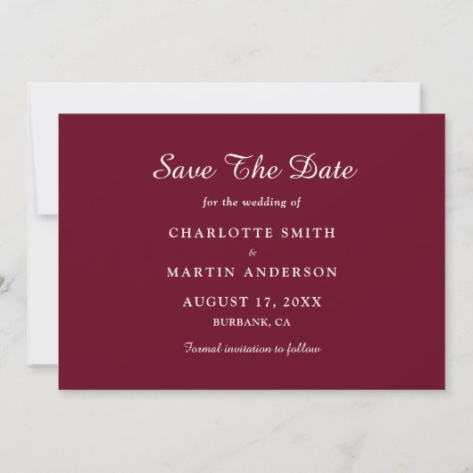Burgundy Wedding Script Foto Speichern Sie die Dat Save The Date (Rückseite)