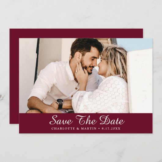 Burgundy Wedding Script Foto Speichern Sie die Dat Save The Date (Vorne/Hinten)