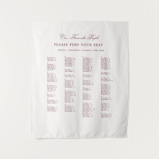 Burgundy Wedding Seating Chart Alphabetical Fabric Wandteppich (Vorderseite)