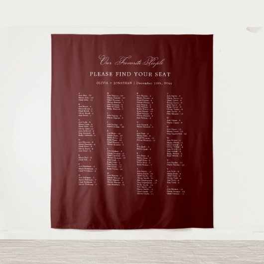 Burgundy Wedding Seating Chart Alphabetical Fabric Wandteppich (Vorderseite)