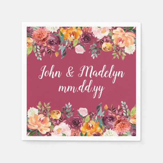 Burgundy Wedding Serviette Personalisiert Floral (Vorderseite)