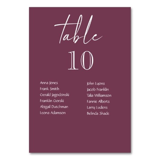 Burgundy Wedding Tischnummern mit Gästennamen (Vorderseite)