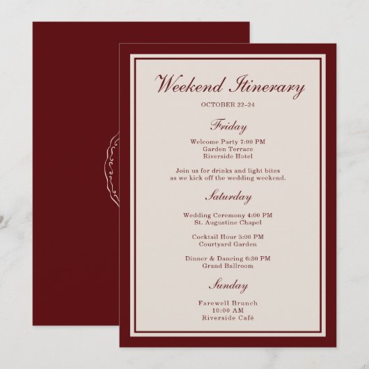 Burgundy Wedding Weekend Itinerary Card Einladung (Vorne/Hinten)
