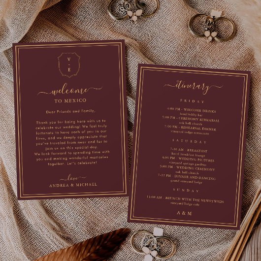 Burgundy Wedding Welcome Letter & Itinerary Card Einladung
