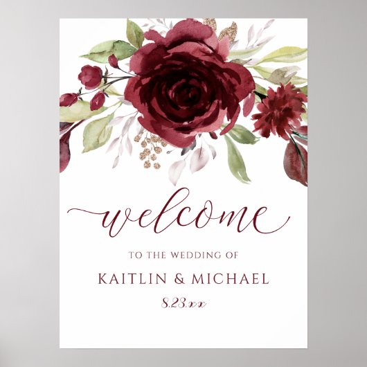 Burgundy Wedding Welcome Sign Watercolor Poster (Vorne)