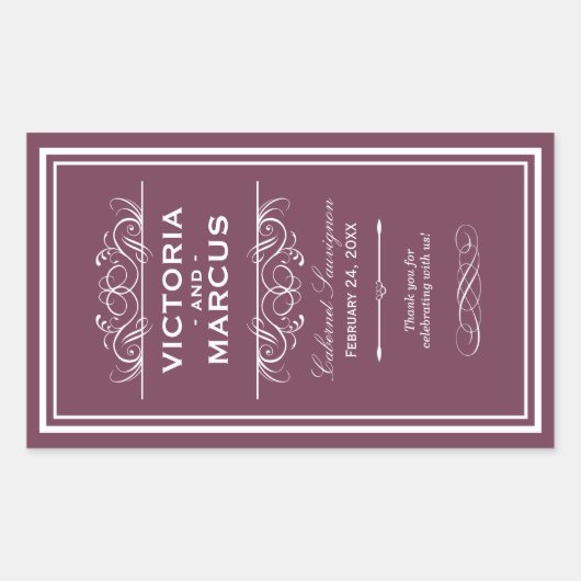 Burgundy Wedding Wine Bottle Monogram Fevor Labels Rechteckiger Aufkleber (Vorderseite)