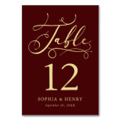 Burgundy Whimsical Gold Calligraphy Tischnummer (Rückseite)