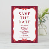 Burgundy Whimsical Red Bow Save The Date Einladung (Stehend Vorderseite)