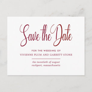 Burgundy & White Calligrafy Wedding Save the Date Einladungspostkarte