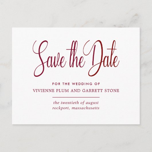 Burgundy & White Calligrafy Wedding Save the Date Einladungspostkarte (Vorderseite)