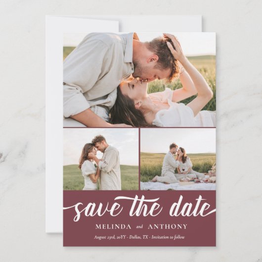 Burgundy White Elegante Fett-Script-FotoCollage Save The Date (Vorderseite)