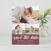 Burgundy White Elegante Fett-Script-FotoCollage Save The Date (Stehend Vorderseite)