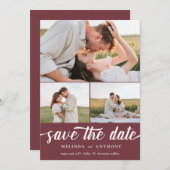 Burgundy White Elegante Fett-Script-FotoCollage Save The Date (Vorne/Hinten)