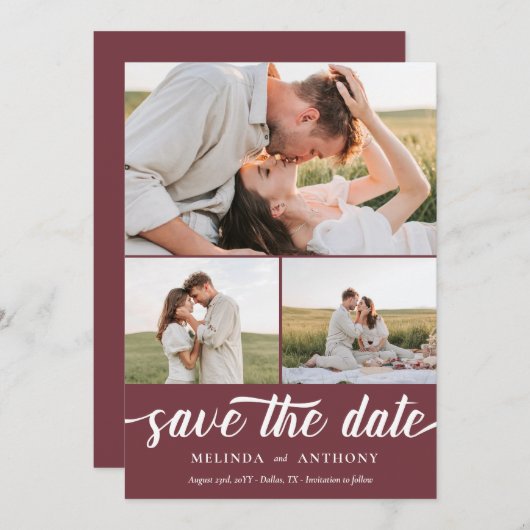 Burgundy White Elegante Fett-Script-FotoCollage Save The Date (Vorne/Hinten)