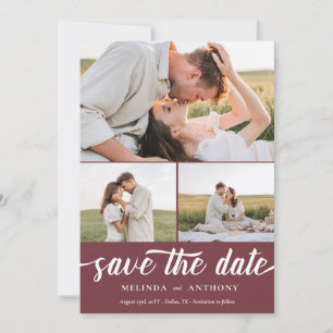 Burgundy White Elegante Fett-Script-FotoCollage Save The Date