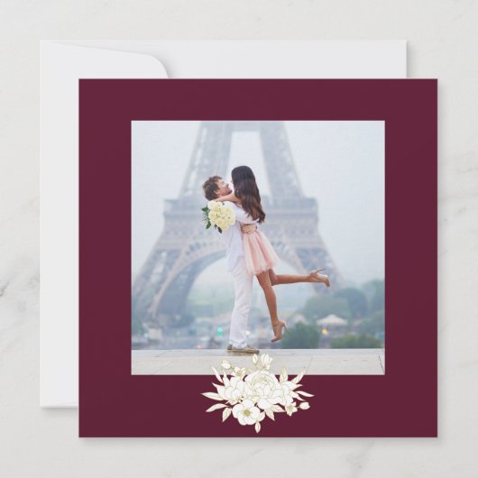 Burgundy White Elegante Gold Floral Rose Foto Save The Date (Rückseite)