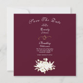 Burgundy White Elegante Gold Floral Rose Foto Save The Date (Vorderseite)