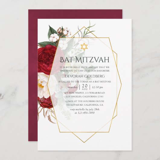 Burgundy & White Floral Geometric Bat Mitzvah Einladung (Vorne/Hinten)