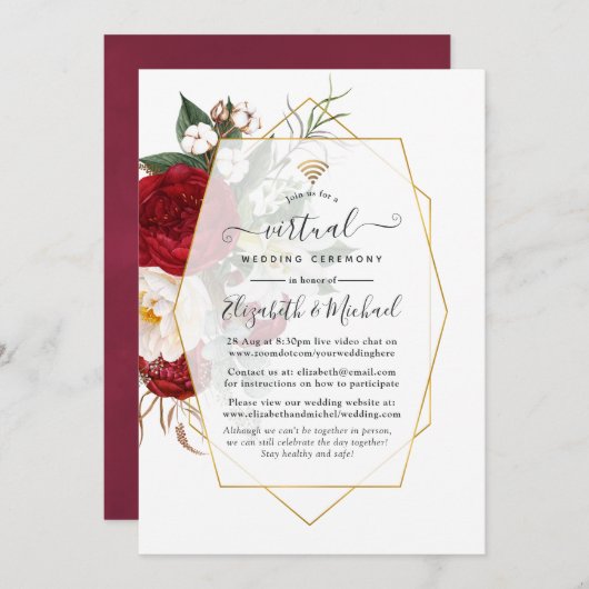 Burgundy & White Floral Geometric Virtual Wedding Einladung (Vorne/Hinten)