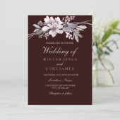 Burgundy White Floral Lila Wedding Einladung (Stehend Vorderseite)