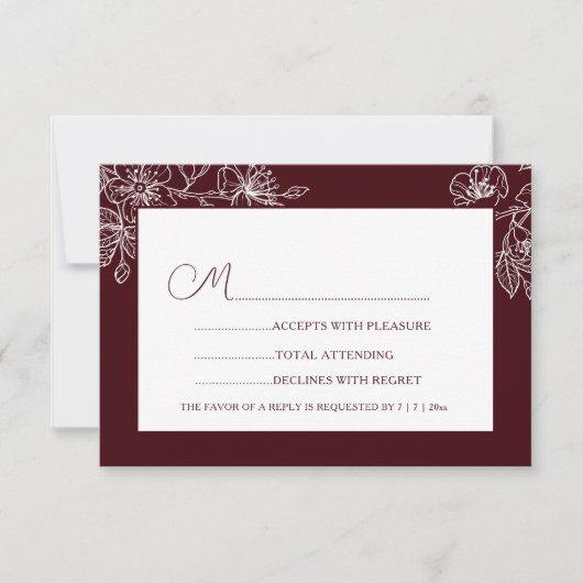 Burgundy White Floral Line Art RSVP (Vorderseite)