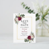 Burgundy White Floral Save the Date Goldrahmen Postkarte (Stehend Vorderseite)