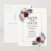 Burgundy White Floral Save the Date Goldrahmen Postkarte (Vorne/Hinten)