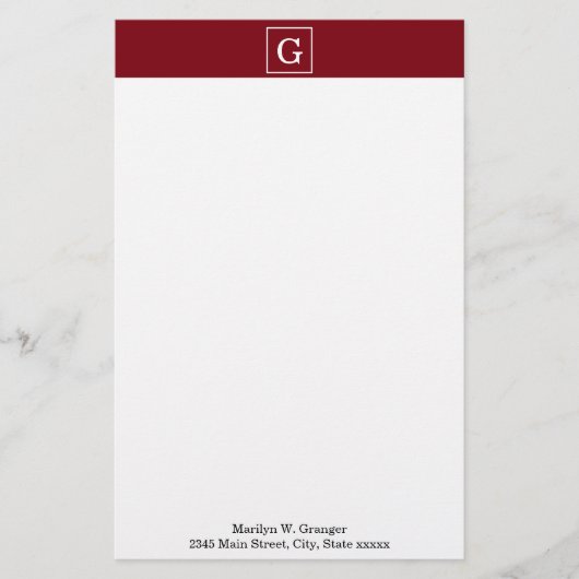 Burgundy White Gerahmt Initial Monogram Briefpapier (Vorderseite)