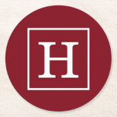 Burgundy White Gerahmt Initial Monogram Runder Pappuntersetzer (Vorderseite)