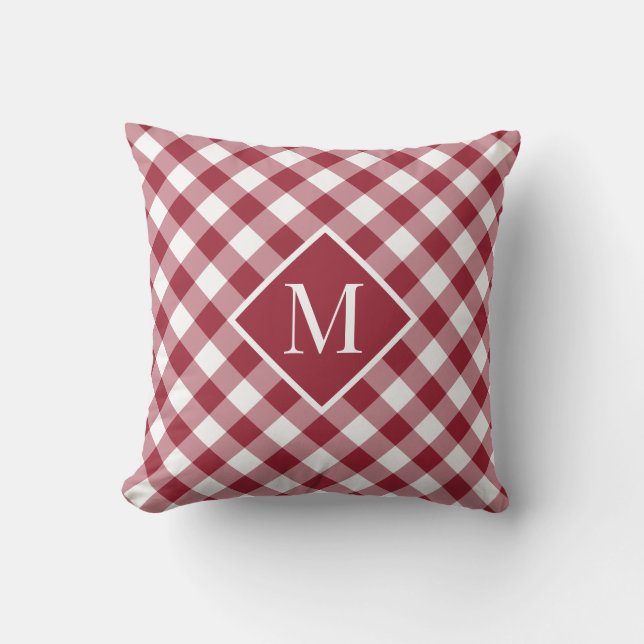Burgundy White Gingham Karo Pattern Chic Monogram Kissen (Vorderseite)