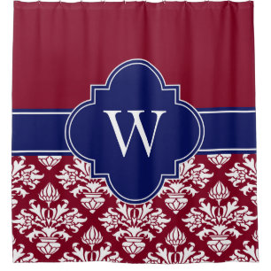 Burgundy White LG Damask #3 1ICBR Navy Monogram Duschvorhang