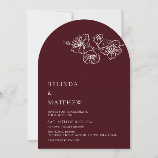 Burgundy White Line Art Minimalist Wedding Einladung (Vorderseite)