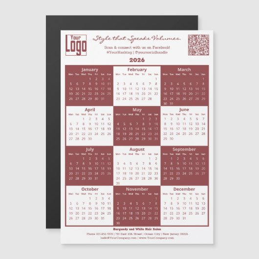 Burgundy White Logo QR-code 2026 Calendar Magnet (Vorne/Hinten)