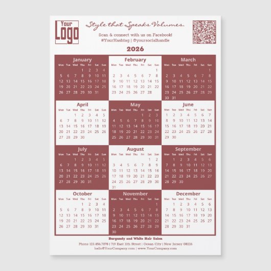 Burgundy White Logo QR-code 2026 Calendar Magnet (Vorderseite)