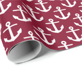 Burgundy White Nautical Anchors Pattern Geschenkpapier (Rolleneckpunkt)
