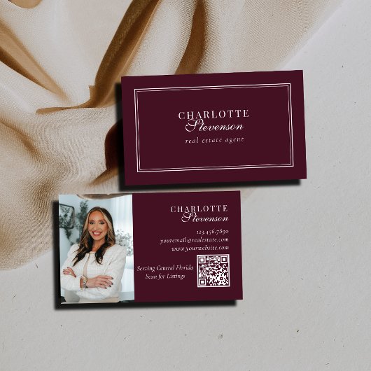 Burgundy & White Professional Luxury Photo QR Code Visitenkarte