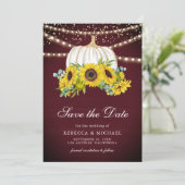 Burgundy White Pumpkin Sonnenblumen Hochzeitsstich Save The Date (Stehend Vorderseite)